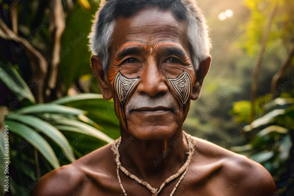 Portrait of an indigenous man with his face painted with tribal motifs in the jungle - obrazy, fototapety, plakaty 