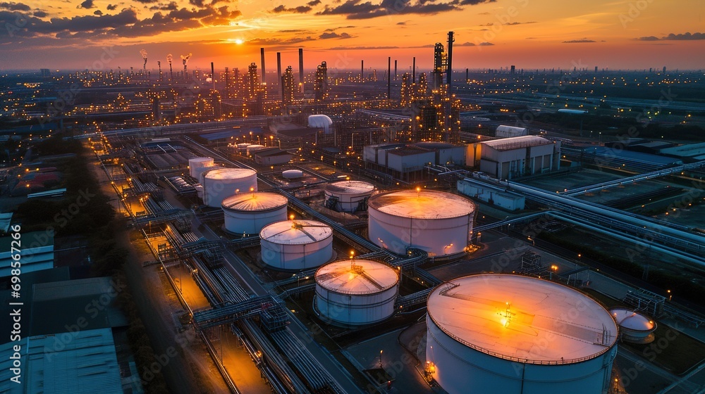 oil and natural gas storage tanks, and the refinery business - obrazy, fototapety, plakaty 