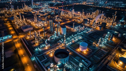 Oil refinery plant from industry zone, Aerial view oil and gas petrochemical industrial, Refinery factory oil storage tank and pipeline steel at night