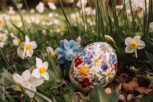 HandDecorated Easter Egg Amongst Spring Flowers photo