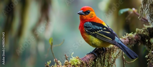Tanager bird on branch in Ecuador.