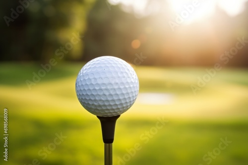 Close up of a golf ball on a tee with a club positioned for a swing on a sunlit course.