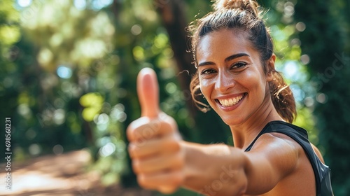 Portrait, happy woman or thumbs up for fitness, nature or healthy running workout exercise with smile. Girl athlete runner smiling showing thumbsup for training, wellness or exercising in a park photo