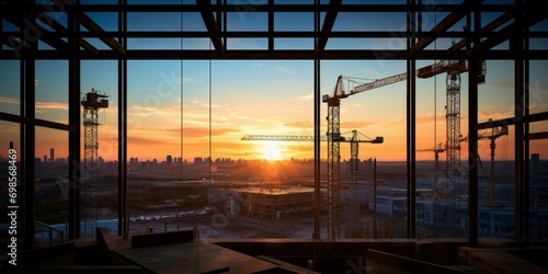Sunset view through the silhouette of a construction site with cranes in the background.