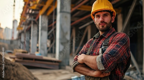 portrait of a handsome male construction worker standing with his arms folded on a building site