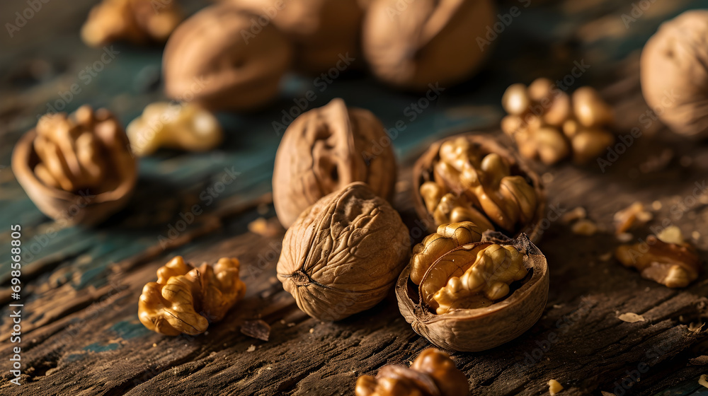 Close-Up Elegance: Walnuts on a Rustic Wooden Table Close-Up Elegance: Walnuts on a Rustic Wooden Table
