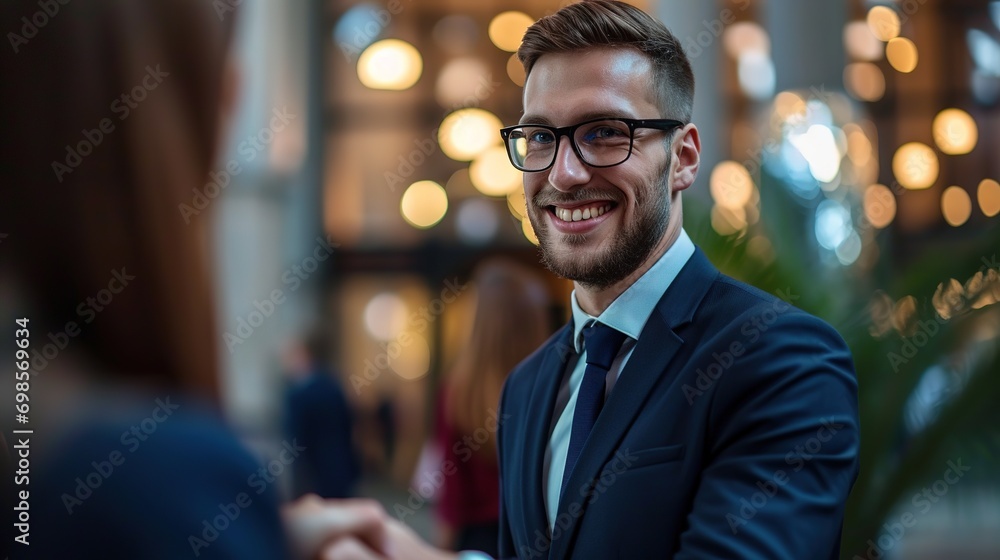Portrait of cheerful young manager handshake with new employee Portrait of cheerful young manager handshake with new employee