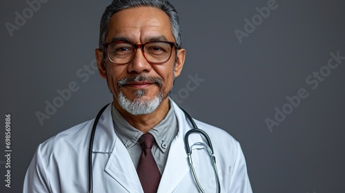 Portrait of confident Hispanic medical professional. Smiling male mature doctor is wearing lab coat