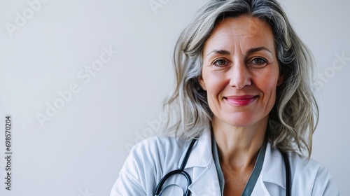 Portrait of mature doctor smiling on white background. Female professional is wearing lab coat. Confident medical practitioner is with stethoscope photo