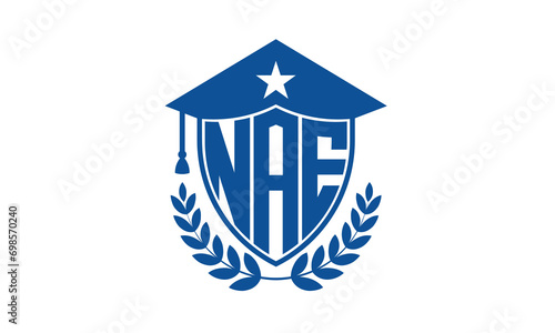 NAE three letter iconic academic logo design vector template. monogram, abstract, school, college, university, graduation cap symbol logo, shield, model, institute, educational, coaching canter, tech