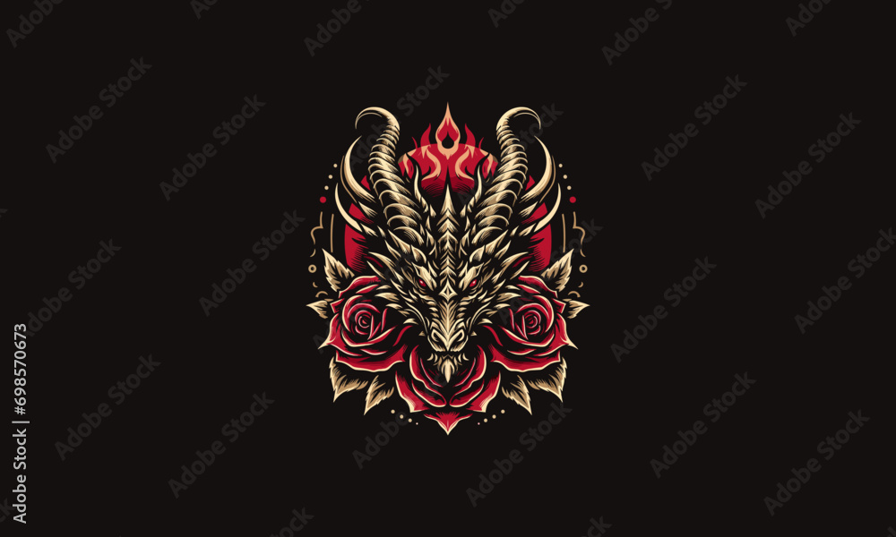 head goat and red rose and flames vector artwork design