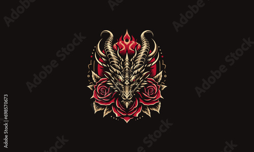 head goat and red rose and flames vector artwork design