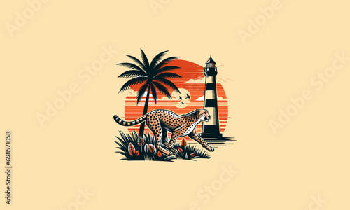 cheetah running on beach and lighthouse vector artwork design