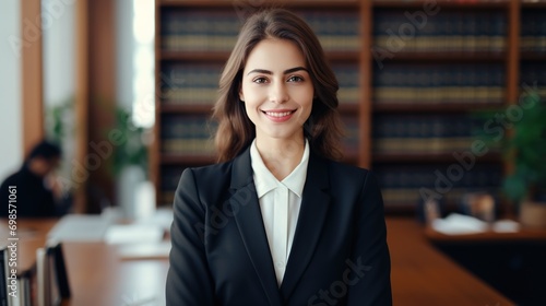 Happy and woman lawyer portrait in office with optimistic smile for professional legal career. Confident expert and attorney employee at corporate workplace smiling with positive mindset