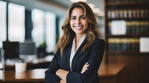 Happy and woman lawyer portrait in office with optimistic smile for professional legal career. Confident expert and attorney employee at corporate workplace smiling with positive mindset