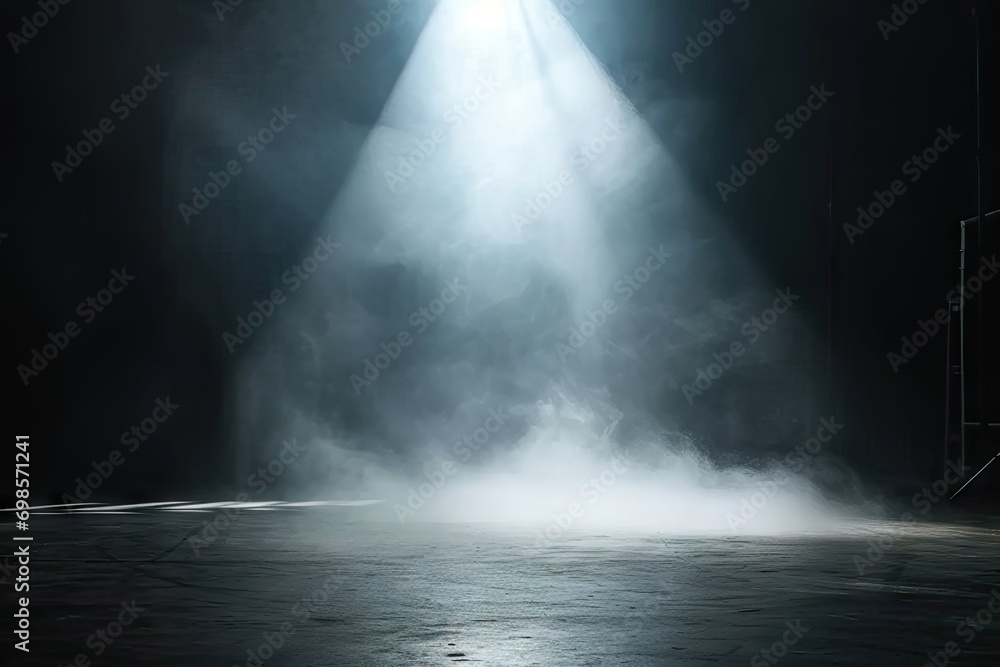 Mysterious and atmospheric scene with dark empty space. Floor is illuminated by spotlight creating dramatic interplay of light and shadows. Presence of smoke or mist element of mystery ambiance - obrazy, fototapety, plakaty 