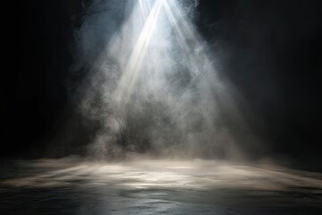 Mysterious and atmospheric scene with dark empty space. Floor is illuminated by spotlight creating dramatic interplay of light and shadows. Presence of smoke or mist element of mystery ambiance