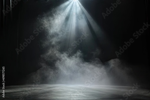 Mysterious and atmospheric scene with dark empty space. Floor is illuminated by spotlight creating dramatic interplay of light and shadows. Presence of smoke or mist element of mystery ambiance