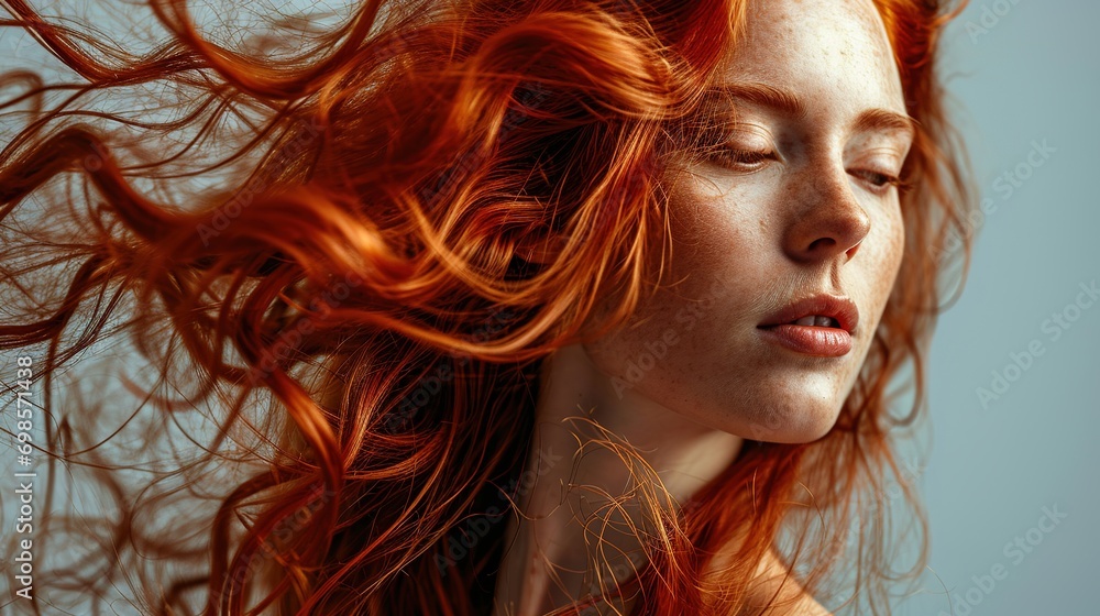 Treatment, wellness and beauty on gray background. Salon, hairdresser and happy face of female model with shine, healthy and natural hairstyle Treatment, wellness and beauty on gray background. Salon, hairdresser and happy face of female model with shine, healthy and natural hairstyle