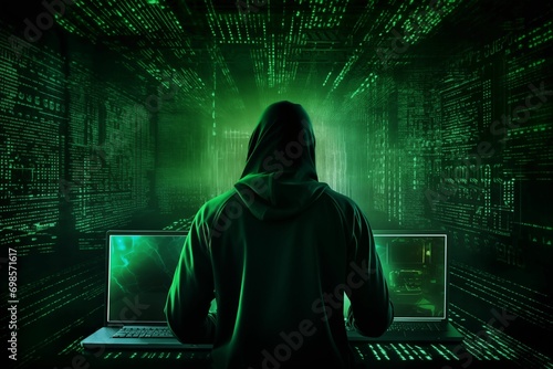 Mysterious Hacker in Technological Ambience: Illuminated by Green Lights and Codes