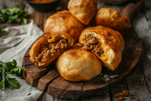 Traditional South African Vetkoek fried deep-fried buns stuffed with minced meat curry close-up on the table, rustic style