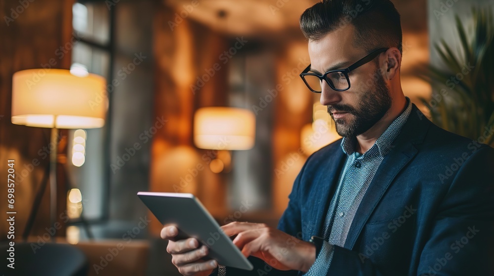 handsome businessman using his tablet in the office, handsome businessman using his tablet in the office,