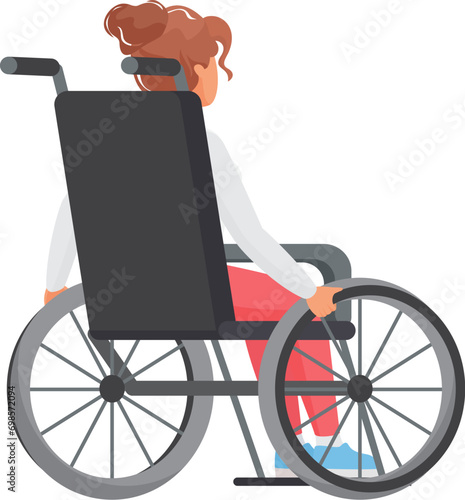 Back view of woman riding on wheelchair. Lady with limited mobility cartoon vector illustration