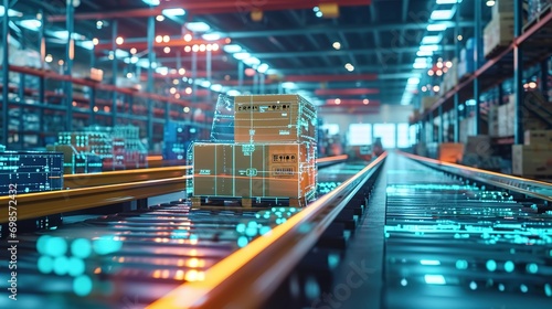 Smart warehouse management system using augmented reality technology to identify package picking and delivery . Future concept of supply chain and logistic business photo