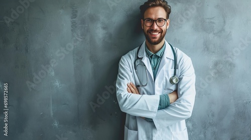 Smiling doctor standing on grey wall