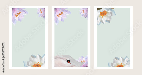 Triptych of frames postcard template Watercolor purple white waterlily swan Lotus Floral clipart for Women's day 2024 Mother's day birthday spa yoga certificate Beauty salon Interior Banner For text photo
