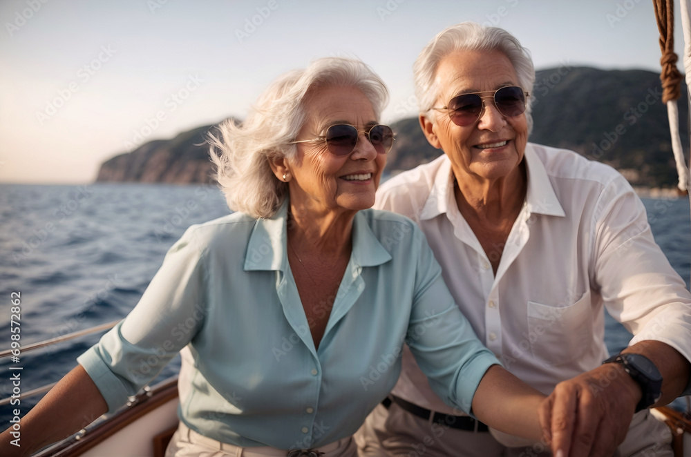 Senior couple on a trip, vacation on a sailboat or yacht enjoying sunny day. Mature rich man and woman in a boat journey in the sea. Retirement hobby and leisure activity for pensioners.
