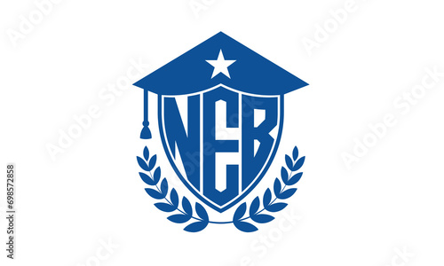 NEB three letter iconic academic logo design vector template. monogram, abstract, school, college, university, graduation cap symbol logo, shield, model, institute, educational, coaching canter, tech