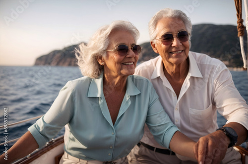 Senior couple on a trip, vacation on a sailboat or yacht enjoying sunny day. Mature rich man and woman in a boat journey in the sea. Retirement hobby and leisure activity for pensioners. 