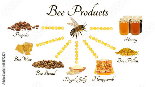 honey, bee bread, pollen, royal jelly, propolis and wax isolated