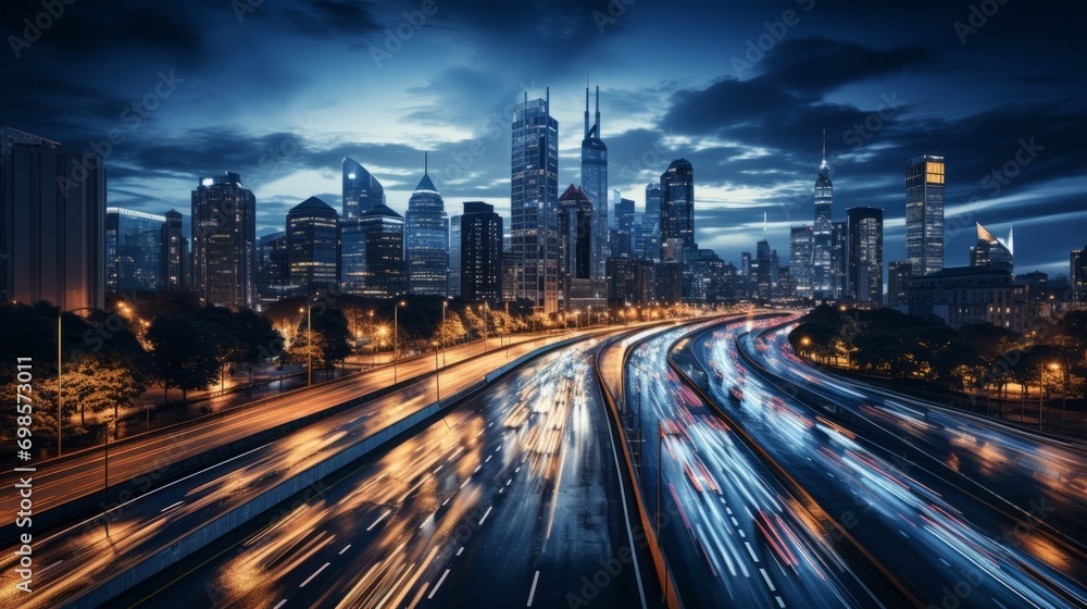 Obraz premium aerial view of city modern building financial district night time with light trail of car transportation busy traffic on street rush hour modern city of connecting and finance concept