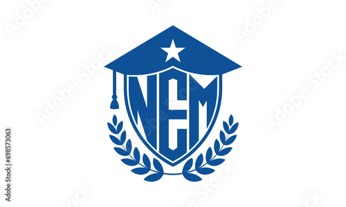 NEM three letter iconic academic logo design vector template. monogram, abstract, school, college, university, graduation cap symbol logo, shield, model, institute, educational, coaching canter, tech