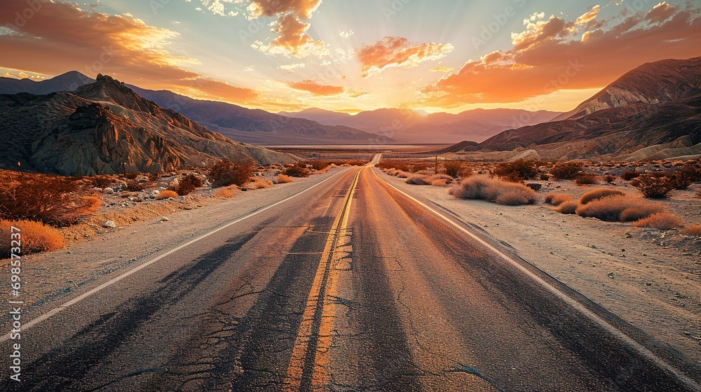 straight road in death valley at sunset