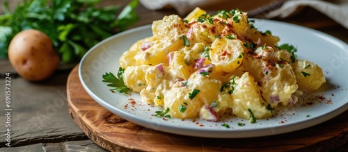 Traditional European potato salad, served on a white plate atop a wooden board. photo