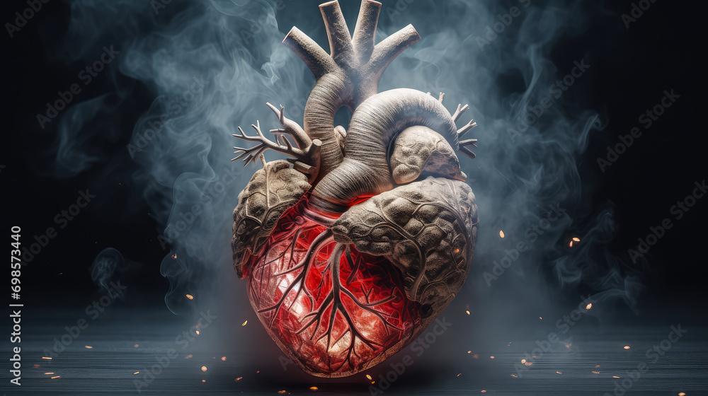 Human Heart in Cigarette and Vape Smoke on a Dark Background. Anatomical View. Heart Diseases and Infarct. For Cardiology. Smoking harm concept. Cardiovascular Disease Awareness. 3D Illustration. - obrazy, fototapety, plakaty 