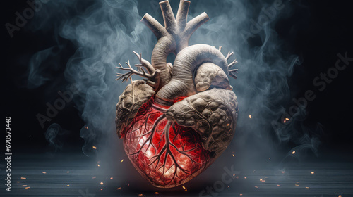 Human Heart in Cigarette and Vape Smoke on a Dark Background. Anatomical View. Heart Diseases and Infarct. For Cardiology. Smoking harm concept. Cardiovascular Disease Awareness. 3D Illustration. photo