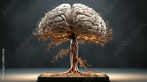 Human Brain in the Form of a Tree. On a Dark Background in Smoke. In Golden Color. Mental Health and Intelligence Concept. Relating to the Mind. Anatomical View.