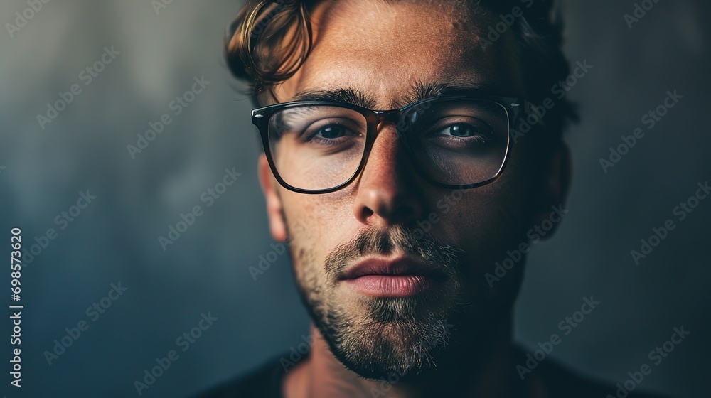 Obraz premium Handsome young man wearing glasses against a gray background
