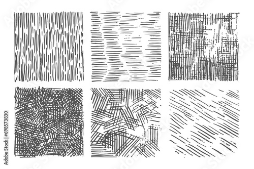 Pen grunge shapes. Scratch patterns for texturing, shadows, brushes. Shaded squares. Vector monochrome elements isolated on white background photo