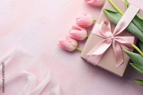 A pink tulip flowers bouquet and a gift box with a ribbon. ai generated