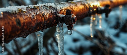 Frozen ice causes copper water pipe to burst. photo