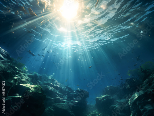 Underwater ocean blue abyss diving scene with natural sea life and sunlight