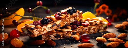 Cereal bars with dried fruits and nuts. Selective focus.