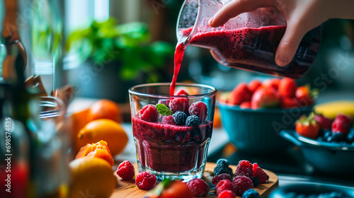 Make a smoothie with berries in the kitchen. Selective focus. photo