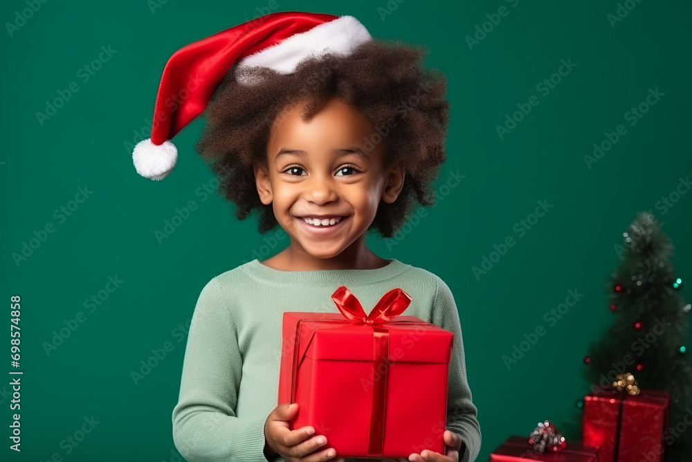 Happy and cheerful black afro american young girl kid with a big christmas gift at home with red and green colors and copy space Happy and cheerful black afro american young girl kid with a big christmas gift at home with red and green colors and copy space