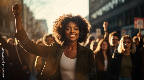 Portrait of a black woman marching in protest with a group of people in city street and hand up in the air